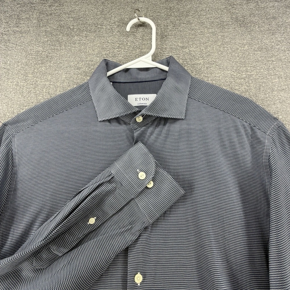 Eton Long Sleeve Dress Shirt Men Size 17.5 Blue Check Button Up Cotton Business